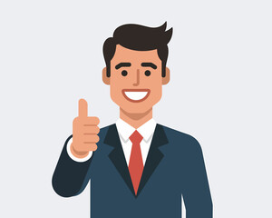 Cheerful Businessman Giving Thumbs Up Approval Sign: Modern Flat Vector Illustration for Success, Agreement, and Positive Feedback