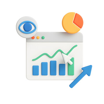 3D analytics dashboard PNG icon isolated on transparent background &ndash; eye, chart and growth arrow for web performance visualization.

