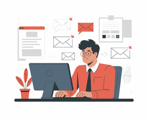 Focused professional responding to emails at his desk, email marketing campaign, newsletter, office communication