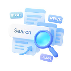 3D search content PNG icon isolated on transparent background – magnifying glass, blog, and news blocks for SEO and content discovery.
