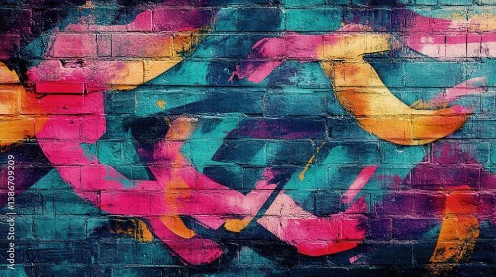 Poster grungy wall adorned with colorful spray paint patterns in dynamic strokes.
