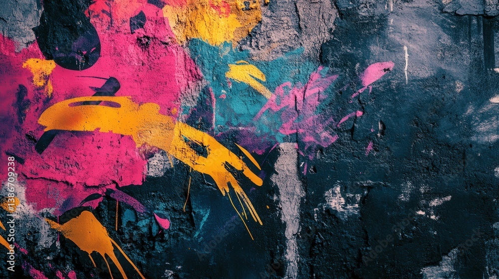 Poster grungy wall adorned with colorful spray paint patterns in dynamic strokes.