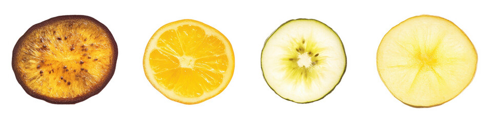 Four slices of citrus fruits showcasing various colors and textures, highlighting their unique internal structures.