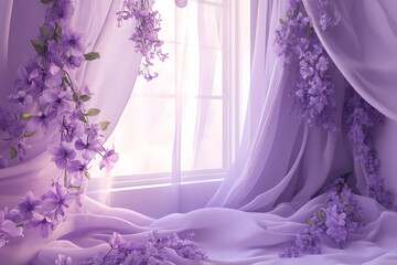 Serene Lavender Scene: A soft-focus, dreamy image of a bedroom bathed in the soft light of the afternoon, where lavender flowers bloom gracefully, entwined with sheer curtains.
