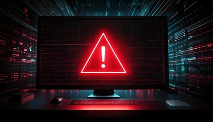  Glowing  warning sign on desktop Screen in data center room, dark Scene 