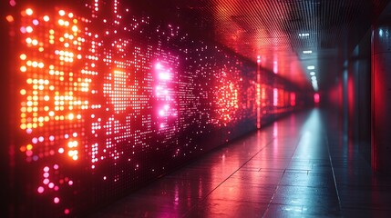 Obraz premium Data Transmission in a Cyber Tunnel: A futuristic image reveals data streaming through a glowing cyber tunnel, illustrating the rapid transfer of information in a digital landscape.