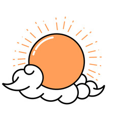 Cartoon sun rising above fluffy clouds with rays shining in a bright sky, symbolizing new beginnings