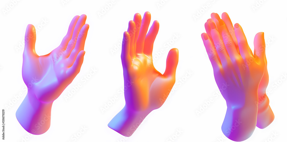 Poster hand gestures: a set of three-dimensional artistic hands, each rendered with a vibrant gradient of c