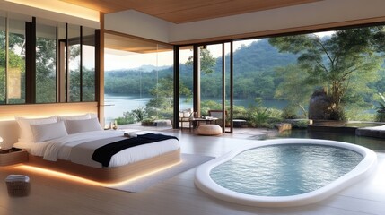 Fototapeta premium Modern Spa Bedroom with Hot Tub and Lake View