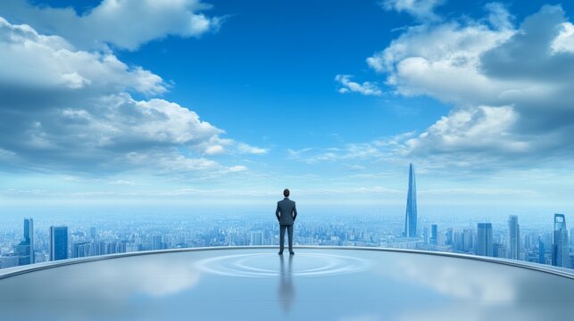 A CEO standing at the top of a skyscraper, overlooking the city while strategizing the company future