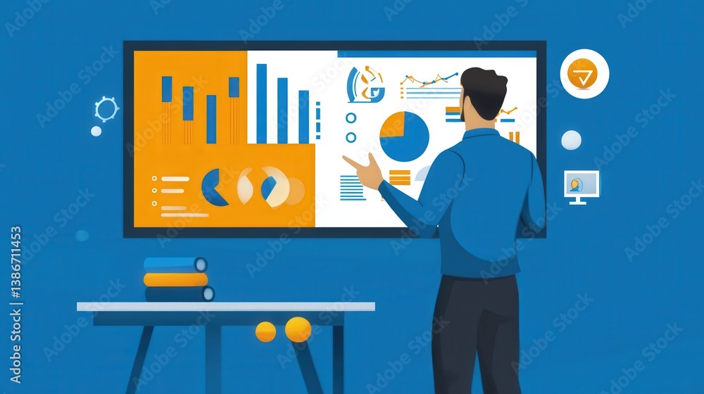 Poster a person is presenting business data on a large display screen