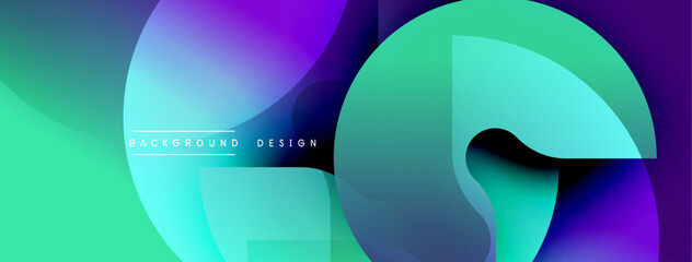 Abstract design features vibrant gradients. Overlapping shapes create dynamic composition. Smooth transitions between turquoise, purple, blue hues. Modern aesthetic.