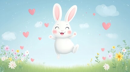 Joyful White Bunny Leaping in a Flowery Meadow Under a Serene Sky