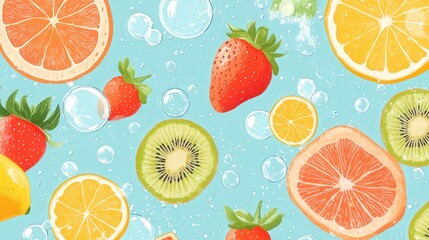 lively banner showcasing strawberries, oranges, kiwis, and lemons in water, surrounded by floating bubbles.