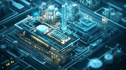 A computer generated image of a large industrial plant. The image is in black and white and has a futuristic feel to it. The plant is made up of many different components, including pipes, tanks