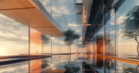 Futuristic Glass Architecture with Dynamic Perspective and Ultra-Modern Interior Design