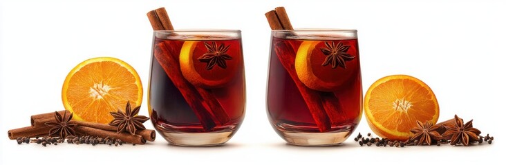 Mulled Wine Hot Beverage with Spices Citrus Aromatic Cinnamon Star Anise in Glass Cup for Winter Celebration