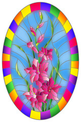 Illustration in stained glass style flower of pink gladiolus on a blue background in a bright frame,oval  image