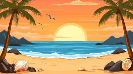 Obraz premium Serene Beach Sunset with Palm Trees and Gentle Ocean Waves