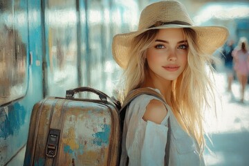 Solo Woman Backpacker Traveler on Summer Holiday Exploring Train Platforms with Suitcase and Backpack