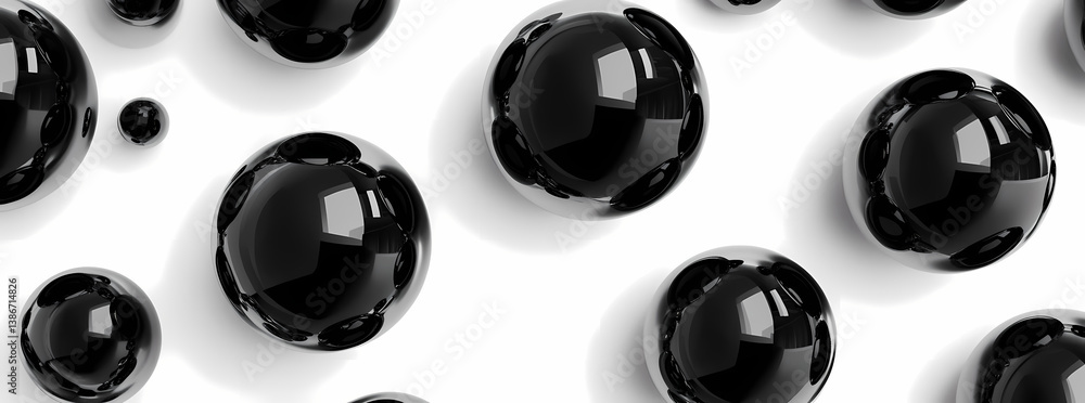 Poster abstract spheres: a captivating visual featuring an array of black spheres with reflective surfaces,