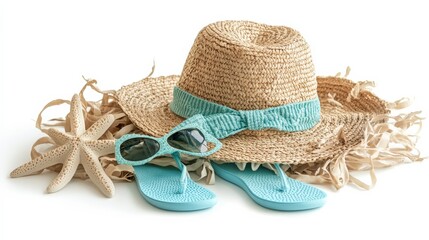 Summer Vacation Essentials with Straw Hat, Flip Flops, and Sunglasses