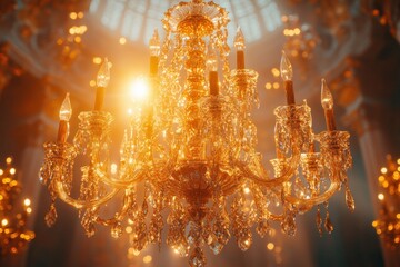 Luxurious Crystal Chandelier in Rustic Vintage Interior with Warm Sunlight for Elegant Glamorous Party Decor