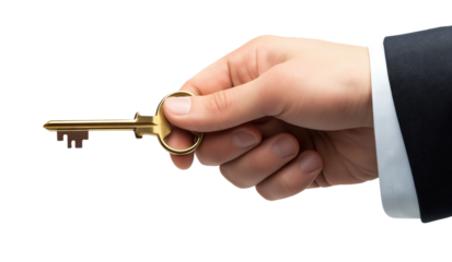Businessman hand with golden key isolated on transparent background