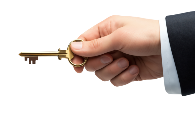 Businessman hand with golden key isolated on transparent background