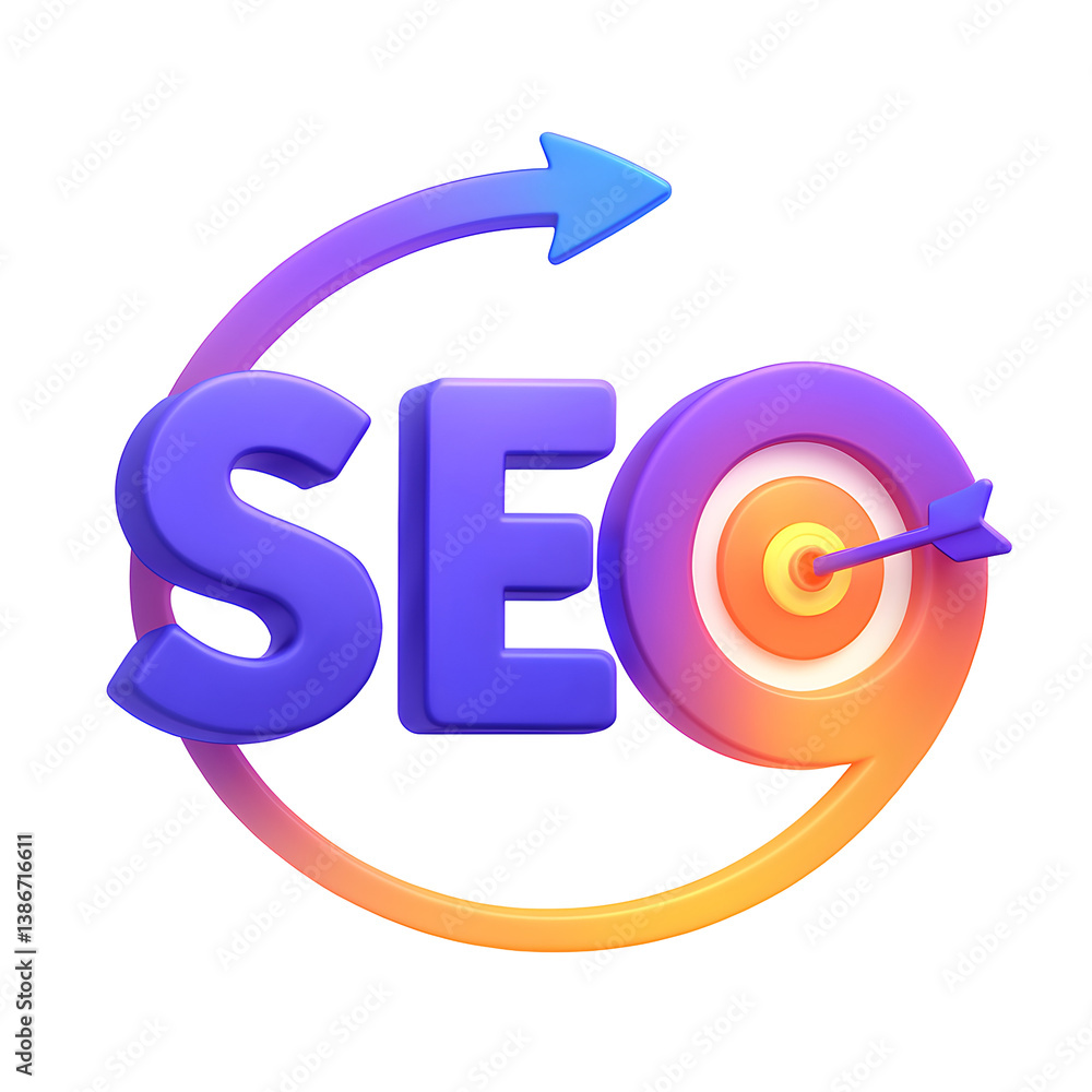Poster 3d seo target word png icon isolated on transparent background – colorful seo text with bullseye arr