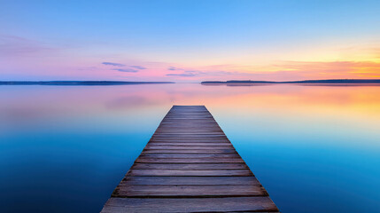 Fototapeta premium Tranquil Sunset Over Calm Water with Dock Leading into Serene Landscape and Colorful Sky