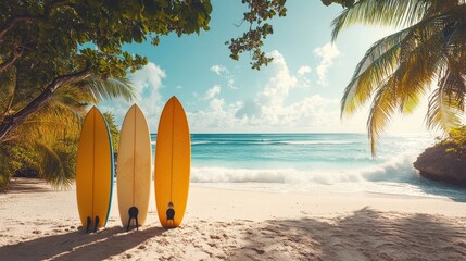 Three Vibrant Surfboards in a Tropical Beach Setting with Waves