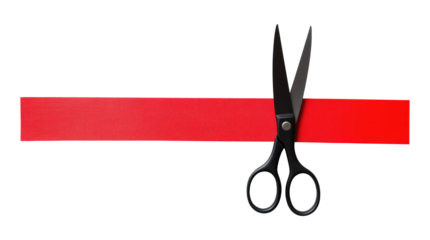 Red ribbon with scissors isolated on transparent background