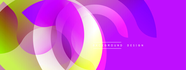 Abstract vibrant design. Overlapping circles create dynamic composition. Purple, green, yellow hues blend smoothly. Modern aesthetic, perfect backdrop.