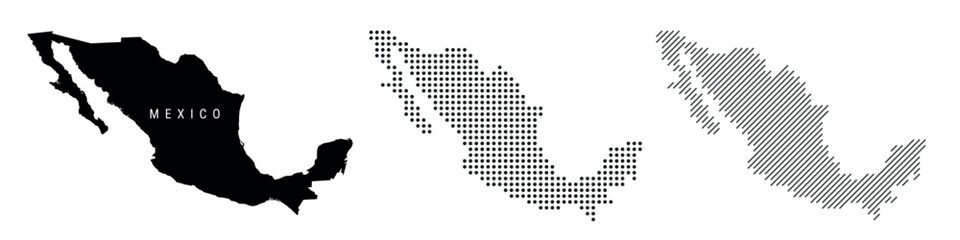 Mexico silhouette map and two patterns of dots and slanted lines. Flat vector illustration isolated on white
