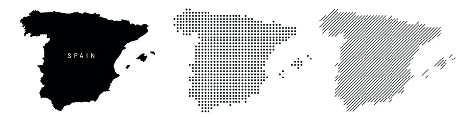 Spain silhouette map and two patterns of dots and slanted lines. Flat vector illustration isolated on white