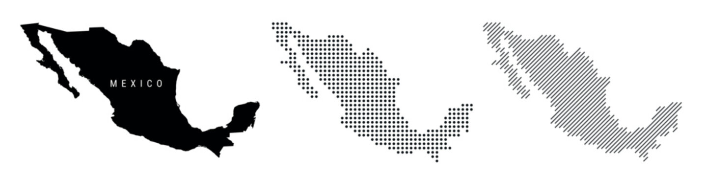 Mexico silhouette map and two patterns of dots and slanted lines. Flat vector illustration isolated on white