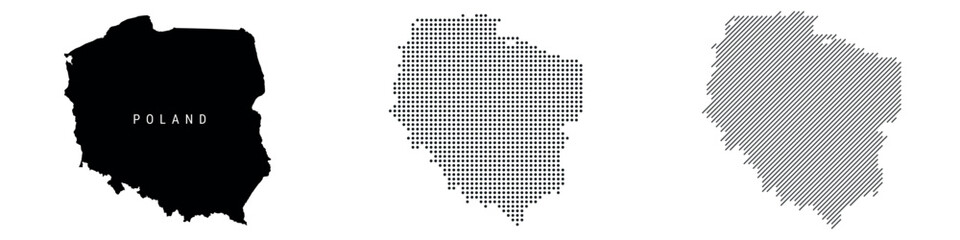 Poland detailed silhouette map, dotted pattern and slanted parallel lines pattern. Polish textured stylized map. Vector illustration isolated on white.
