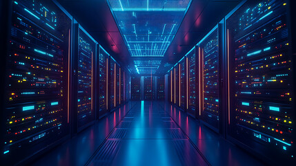 A futuristic data center with servers and glowing lights, dark and moody ambiance with high-tech equipment, High-tech style