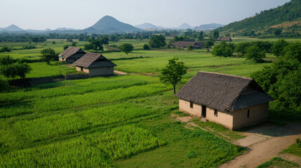 Fototapeta premium Serene Rural Landscape with Traditional Houses Surrounded by Lush Green Rice Fields