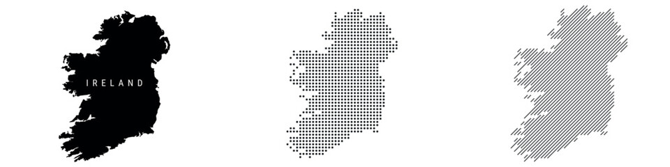 Ireland detailed silhouette map, dotted pattern and slanted parallel lines pattern. Irish textured stylized map. Vector illustration isolated on white.