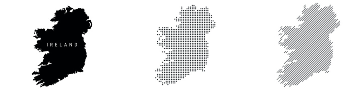 Ireland detailed silhouette map, dotted pattern and slanted parallel lines pattern. Irish textured stylized map. Vector illustration isolated on white.