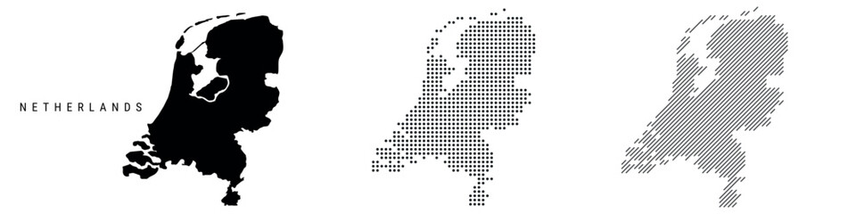 Netherlands silhouette map and two patterns of dots and slanted lines. Flat vector illustration isolated on white