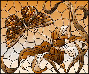 Illustration in stained glass style with a Lily flower and a  butterfly on a blue sky background, tone brown