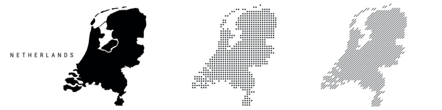 Netherlands silhouette map and two patterns of dots and slanted lines. Flat vector illustration isolated on white