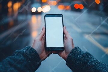 Closeup of Male Hand Holding Smartphone with Blank Screen in Urban Night Street with Bokeh Lights