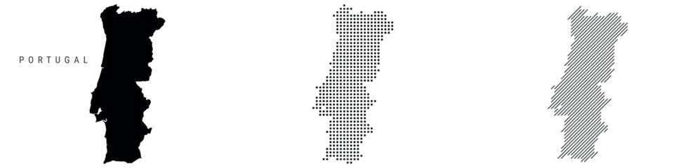 Portugal silhouette map and two patterns of dots and slanted lines. Flat vector illustration isolated on white