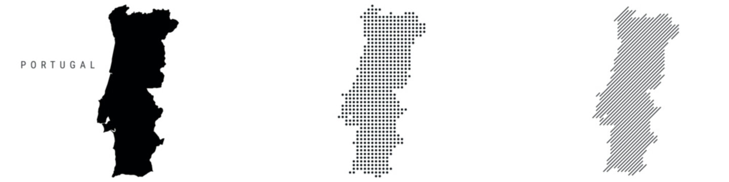 Portugal silhouette map and two patterns of dots and slanted lines. Flat vector illustration isolated on white