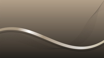 Abstract golden ribbon wave lines elements with glowing light on brown background.