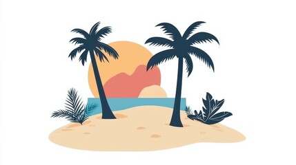 Fototapeta premium Tropical Beach Scene with Palm Trees and Sunset Background